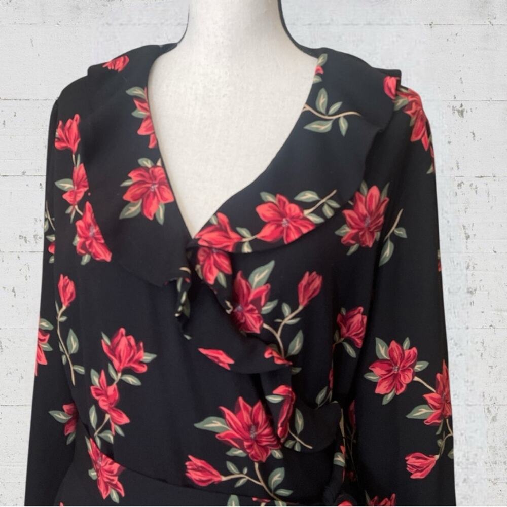 Draper James Black Floral Long Sleeve Ruffle Midi Wrap Dress Size XL Feminine - Picture 3 of 13